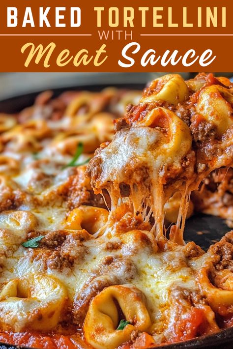 Baked Tortellini with Meat Sauce Cheesy Meat Sauce Baked Tortellini, Tortellini With Red Sauce, Meat Tortellini Recipes, Tortellini And Ground Beef Recipes, Tortellini Recipes With Ground Beef, Beef Tortellini Recipes, Simple Garlic Bread Recipe, Buitoni Recipes, Simple Garlic Bread