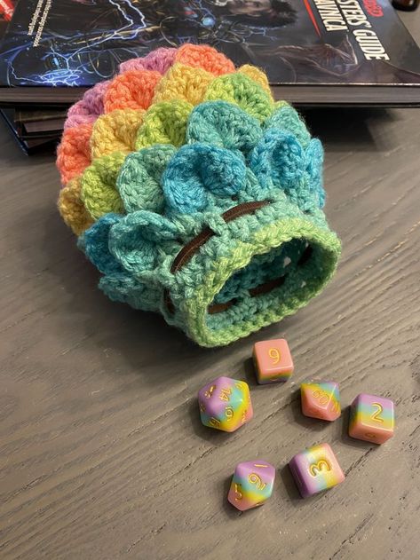 Rainbow Crocheted Dragon Egg Dice Bag Crocheted Dragon, Crochet Dice, Crochet Geek, Crochet Dragon, Rainbow Crochet, Dragon Egg, Crochet Bookmarks, Dice Bag, Crochet Cross