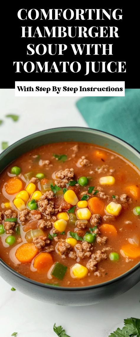 Image for Comforting Hamburger Soup with Tomato Juice Soup With Tomato Juice, Hearty Hamburger Soup, Recipe Using Tomatoes, Soup Tomato, Hamburger Soup, Tomato Juice, Bowl Of Soup, One Pot Meals, Recipe Using