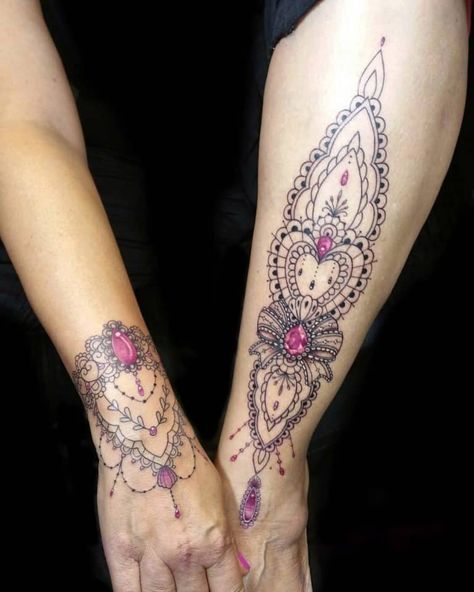 Jewel Tattoos For Women, Tattoos For Women Hand, Jewel Tattoos, Chandelier Tattoo, Lace Tattoos, Inside Of Arm Tattoo, Lace Tattoo Design, Gem Tattoo, Jewel Tattoo