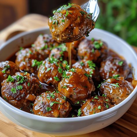 Savory Meatballs Crockpot, Belgium Meatballs, Christmas Crockpot Meatballs, Meatball Pot Roast, Meatball Crockpot Recipes, French Onion Chicken Meatballs, Meatballs In The Crockpot, French Onion Meatballs Recipe, French Onion Meatballs