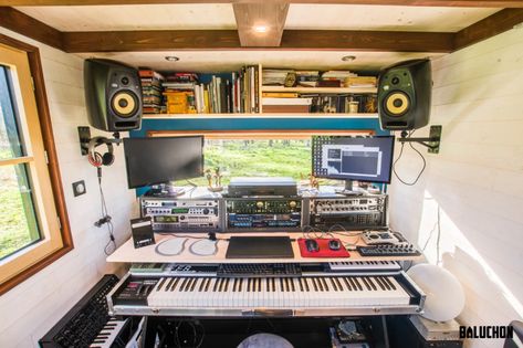 Tiny house hits the right note with built-in music studio Home Sound Studio Design, Tiny Home Studio Music, Tiny Recording Studio, Tiny Music Studio, At Home Recording Studio, Musicians House, Home Recording Studio Ideas, At Home Music Studio, Recording Studio Ideas