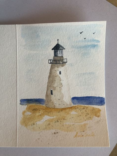 Watercolour Lighthouse Easy, Summer Watercolour Painting, Greece Watercolor Painting Easy, Water Painting Simple, Cute Things To Paint With Watercolor, Easy Beach Watercolor Paintings, Watercolor Art Summer, Ocean Watercolor Painting Easy, Watercolor Art For Beginners Tutorial