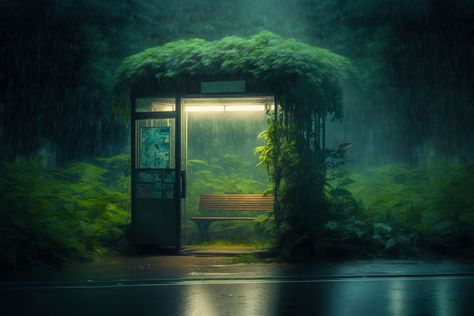 Rain In A Forest, Bus Stop At Night, Nostalgic Anime, Rain Illustration, Dystopian Aesthetic, Forest At Night, Concept Art Tutorial, Fantasy Background, Night Forest