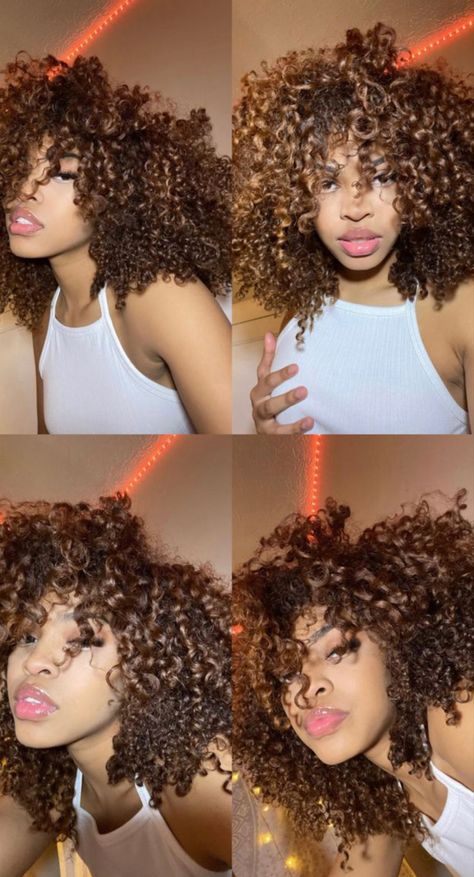 Afro Highlights Black Women, Light Brown Afro, Dyed Curly Hair, Highlights Curly Hair, Honey Brown Hair, Brown Hair Dye, Cute Curly Hairstyles, Dyed Hair Inspiration, Colored Curly Hair