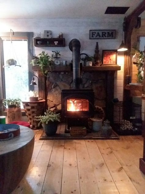 Mantel For Wood Burning Stove, Decorating Behind A Wood Stove, Wood Stove In Front Of Stairs, Wood Stove Surround Rustic Wall, Wood Stove Surround Wall Shelves, Rock Wall Behind Woodstove, Woodburning Stoves Freestanding, Wood Stove With Stone Surround, Cozy Wood Stove