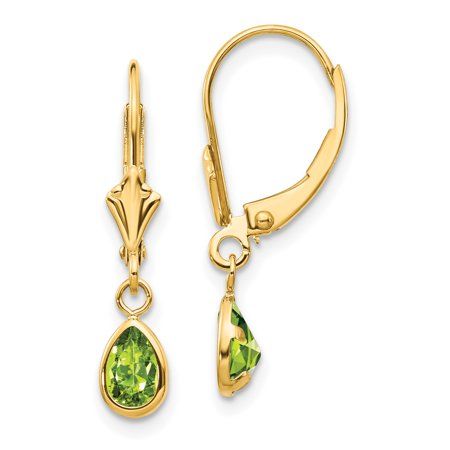 Liven up any look with these August birthstone earrings. Beautifully rendered in 14 karat yellow gold, these gorgeous earrings depict 0.8 cttw pear shaped green peridot gemstones for a charming look. These 23x4mm dangle earrings are secured with leverback closures. Size: One Size. Gender: female. Age Group: adult. Peridot Birthstone, Bezel Set Earrings, Peridot Earrings, Birthstone Earrings, Peridot Stone, Blue Topaz Stone, August Birthstone, Yellow Earrings, Peridot Gemstone