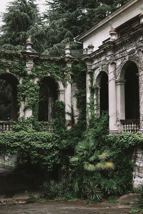 Overgrown Castle Aesthetic, Dark Garden Aesthetic, Overgrown Nature, Manor Aesthetic, Green Academia, Enchanted Castle, Castle Aesthetic, Nature Architecture, Dark Green Aesthetic