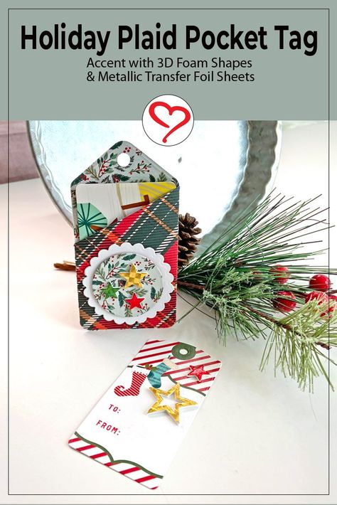 Create a wonderful holiday gift-giving presentation with this Holiday Plaid Pocket Tag by Margie Higuchi. What will you tuck into this tag? For her photo tutorial, click the image to take you to the blog! #sbadhesivesby3l #craftadhesives #wearyouradhesiveontheoutside #3dfoamstars #metallictransferfoilsheets #holidaygifttag Winter Paper, Foam Shapes, Transfer Foil, Paper Craft Tutorials, Holiday Plaid, Diy Cans, Holiday Gift Tags, Tag Design, Photo Tutorial