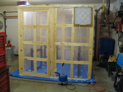 I was on vacation last week so I built myself a collapsible spray booth.  The walls are made up of 8: 45″ by 90″ panels.   The corners are... Homemade Slide, Portable Spray Booth, Portable Paint Booth, Diy Paint Booth, Airbrush Spray Booth, Lumber Storage Rack, Garage Paint, Garage Organisation, Lumber Storage