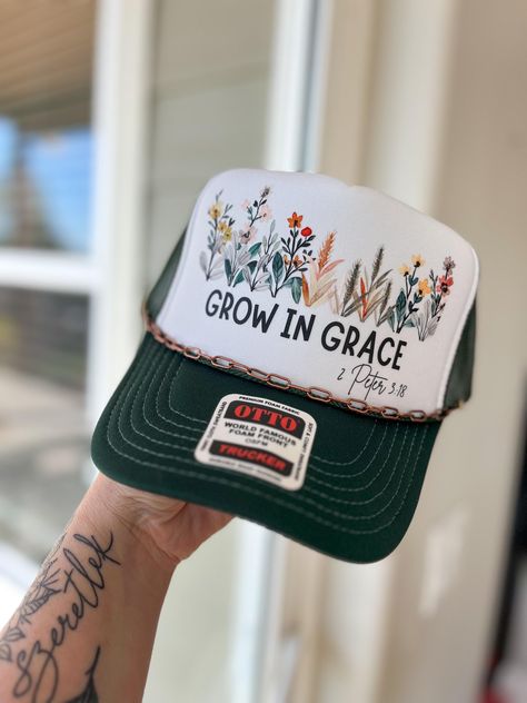 these high profile foam trucker hats are this season's hottest trend! Embroidery Trucker Hats, Sublimation Trucker Hats, Trucker Hat Inspiration, Christian Trucker Hats, Jesus Hats, Cricut Hats, Bling Hats, Hat Bar, Popular Hats