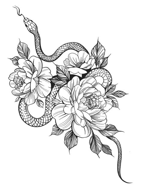 Drawing Ideas Snake, Snake With Flowers, Snake And Flowers, Famous Drawing, Peonies Tattoo, Tattoo Portfolio, Hand Drawn Illustration, Snake Tattoo, Drawn Illustration