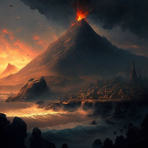 Fantasy Volcano Island, Volcanic City Fantasy Art, Volcano City Fantasy Art, Volcano City, China City, 7 Deadly Sins, Percy Jackson Books, Fantasy Places, Landscape Wallpaper