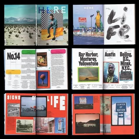 Almost every page of @here.mag Issue 14 — The End Travel Magazine Layout, Typography Collage, Travel Book Design, Editorial Layout Design, Zine Inspiration, Impact Report, Sketchbook Spread, Zine Ideas, Editorial Design Layout