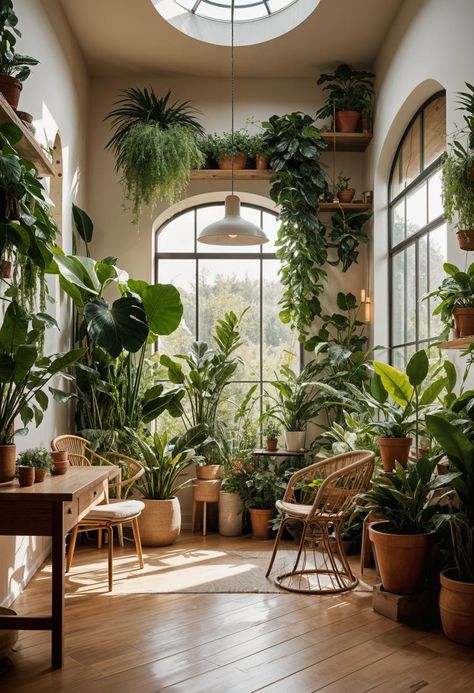 48 Super Cute Dream Room Inspirations For Ultimate Coziness! Room Full Of Plants Aesthetic, Tea Room Ideas Home, Interior Plants Aesthetic, Plant Filled Home, Plant Solarium, Garden Room Aesthetic, Green Room Plants, Cozy Plant Room, Plant Atrium