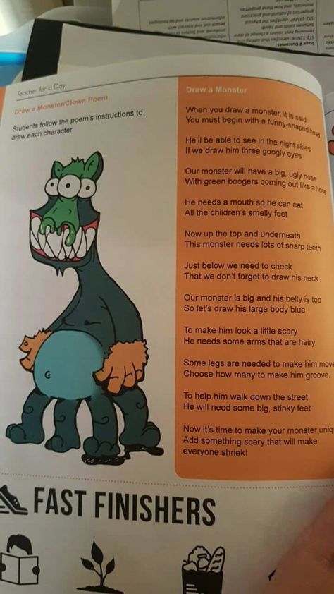 Poem instructions to draw a monster Monster Poem, Draw A Monster, Make A Monster, Monster Drawing, Googly Eyes, Teaching Classroom, Grade 1, Being Ugly, To Draw