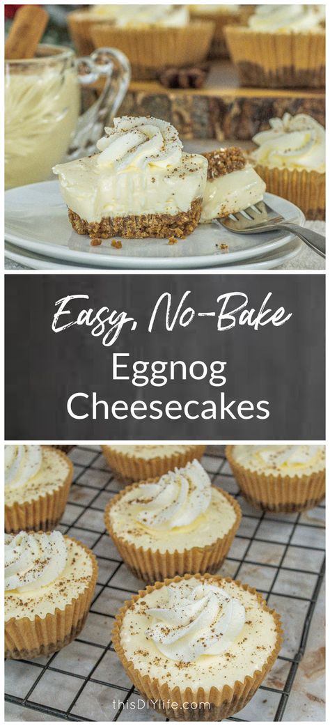 Eggnog No Bake Cheesecake, No Bake Egg Nog Cheesecake, No Bake Eggnog Cheesecake Recipe, Eggnog Cheesecake With Gingersnap Crust, Eggnog Cheesecake No Bake, Eggnog Baking Recipes, Christmas No Bake Cheesecake, No Bake Eggnog Cheesecake, Eggnog Pie Recipe