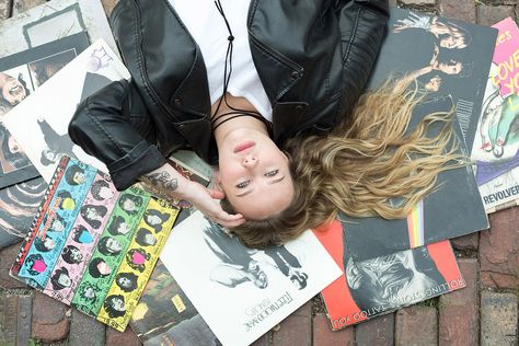 Senior Picture Ideas For Music Lovers, Rock Senior Pictures, Rock Senior Picture Ideas, Senior Pictures With Vinyl Records, Senior Picture Ideas Rock N Roll, Cool Senior Pictures, Beatles Theme, College Pictures, Forced Perspective