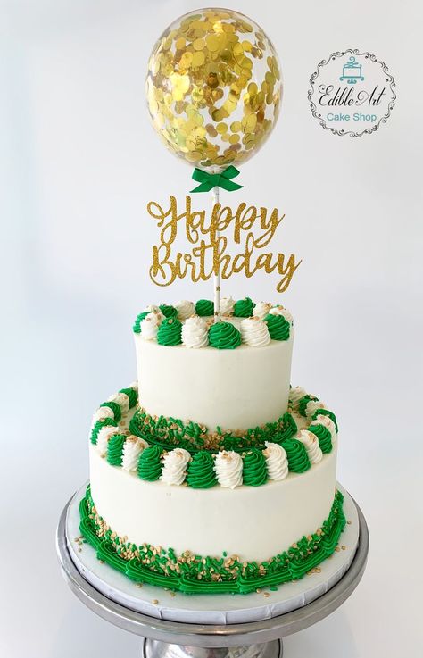 Green And White Graduation Cake, Green And Gold Graduation Cake, Graduation Desserts, How To Stack Cakes, Green Cake, Balloon Cake, Graduation Cake, Boy Birthday Cake, Graduation Cakes