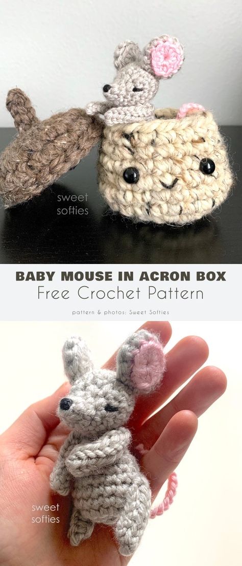 Baby Mouse in Acorn Box Free Crochet Mouse Pattern, Tiny Mice Crochet Pattern Free, Crochet Mouse Suitcase, Crochet Mouse Ornament, Japanese Amigurumi, Small Mouse Crochet Pattern, Cottagecore Crochet, Crochet Pins, Crochet Toys Free Patterns