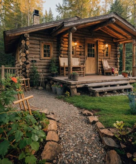 Small Forest Cabin, Wood Cabin Exterior, Off Grid Cottage, Appalachian Cabin, Small Cabin Exterior, Off The Grid Homes, Rap Around Porch, Cowgirl House, One Story Cabin