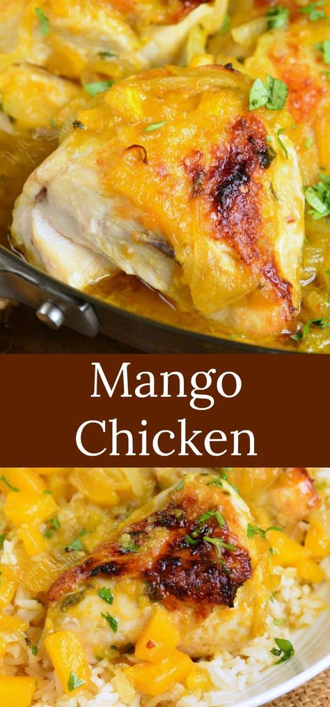 Mango Chicken recipe is a delicious baked chicken cooked with sweet and spicy chunky mango sauce. It takes about an hour and perfectly goes with coconut rice. #chicken #bakedchicken #mangochicken #rice #chickenandrice Baked Mango Chicken Recipes, Mango Chicken And Rice, Mango Coconut Chicken, Mango Chicken Recipes Easy, Mango Dinner Recipes, Keto Mango Recipes, Coconut Rice Chicken, Mango Recipes For Dinner, Recipes With Mango