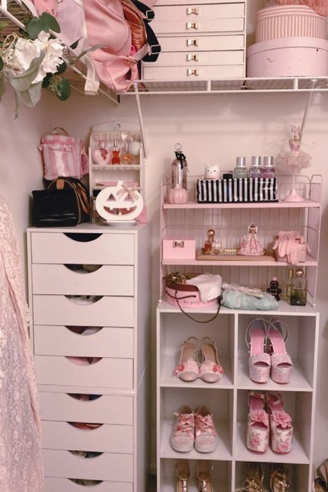 Pink girly closet inspo pink closet ideas girly pink shoe storage pink decorating, pink closet room, pink closet walk in, girly closet ideas, girly closet aesthetic, girly closet ideas luxe, pink dream closet, pink dream closet design, dream closets pink, dream closets walk in luxury pink, dream walk in closet pink, girly walk in closet ideas, walk in closet design girly, girly shoes, shoe storage closet, closet organizing idea Cute Small Closet Ideas Aesthetic, Pink Closet Organization, Small Pink Closet Ideas, Barbie Closet Aesthetic, Glam Closet Ideas Small Spaces, Girly Closet Ideas, Coquette Walk In Closet, Walk In Closet Ideas Apartment, Pink Closet Room