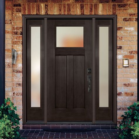 Bring the beautiful look of wood and the performance of fiberglass to your home with the Masonite Fiberglass Entry Door. Engineered to last a lifetime, these high-performance surface doors feature high-definition profiles for added architectural interest. Designed with an energy saving polyurethane door core, the maintenance-free proprietary fiberglass construction provides maximum protection and durability. Masonite 64-in x 80-in Fiberglass Craftsman Left-Hand Inswing Walnut Stained Prehung Fro Modern Farmhouse Entry Door, Front Doors With Side Lights, Front Door With Side Windows, Modern Wood Front Door, White Exterior Door, Door Core, Cheap Front Doors, Front Door With Sidelights, Door With Sidelights