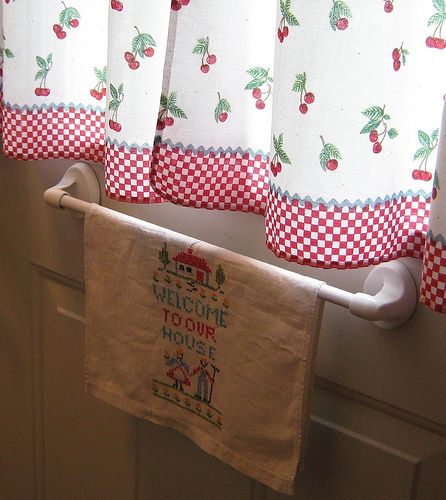 Cherry Curtains on Door | A WalMart special a few years ago!… | Flickr Cherry Curtain, Cherry Kitchen Decor, Red Kitchens, Vintage Kitchen Curtains, Cherry Boom, Retro Cherry, Cherry Cherry, Drapes And Blinds, Cherry Kitchen