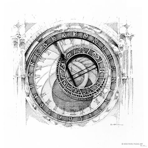 Prague Astronomical Clock Tattoo, Prague Clock Tattoo, Astronomical Clock Tattoo, Prague Clock, Tattoo Ornament, Clock Drawing, Greek God Tattoo, Prague Astronomical Clock, Astronomical Clock