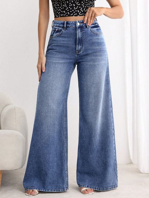 Women's Loose Casual Pocket Design Wide Leg Jeans Medium Wash Casual   Denim Plain Wide Leg Non-Stretch  Women Clothing, size features are:Bust: ,Length: ,Sleeve Length: Girls Snow Boots, Jean Bleu, Jean Large, Jeans Wide, Women Denim Jeans, Inspiration Mode, Casual Denim, Jeans For Sale, Denim Jean