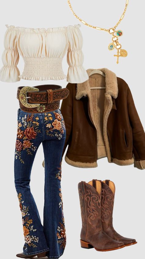 70s inspired outfit, cowboy boots, flared jeans, aviator jacket, cross neckalce Boots Outfit With Jeans, Outfit Flare Jeans, Outfit Cowboy Boots, Outfit Cowboy, Cowboy Boots Outfit, Outfit With Jeans, Cowboy Outfit, Aviator Jacket, 70s Inspired