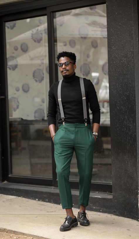 Mens Black And Green Outfit, Male Green Pants Outfit, Green Trousers Outfit Men, Mens Dark Green Dress Pants, Black And White Outfit For Men, Hunter Green Mens Pants, Men’s Green Trousers Outfit, Pitbull Outfits, Green Trousers Outfit