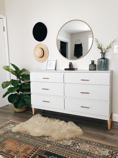 Ikea Kullen Dresser Hack, Mirror Above Dresser Bedroom, Round Mirror Dresser, Dresser Decor Bedroom Modern, Kullen Dresser, Round Mirror Bedroom, Duplex Bedroom, Hannah House, Dresser Top Organization Ideas