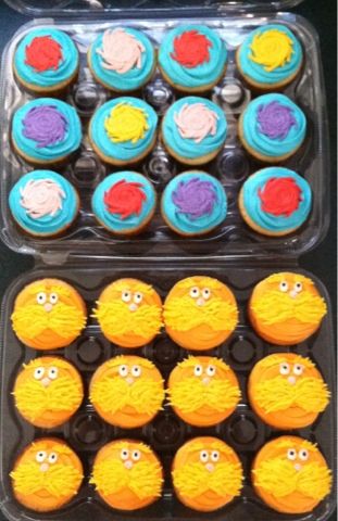 Lorax Cupcakes, Dr Seuss Cupcakes, Dr Seuss Snacks, Seuss Cupcakes, Lorax Birthday, Lorax Party, Dr Seuss Cake, Dr Seuss Party Ideas, Specialty Cupcakes