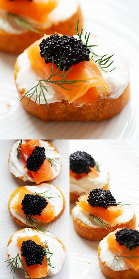 Canapes Ideas, Salmon Toppings, Caviar Appetizers, Recipe With Sour Cream, Crostini Toppings, Crostini Recipe, Salmon Caviar, Caviar Recipes, Fancy Appetizers