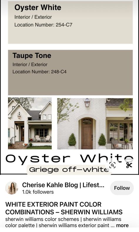 Beige White Exterior House, Cream House Colors Exterior, White Brick With Brown Roof, White Exterior Window Trim, Creamy White Cottage Exterior, Southern Living Exterior Paint Colors, White Exterior Farmhouse Colors, White Farmhouse Brown Roof, Painted Cream Brick House