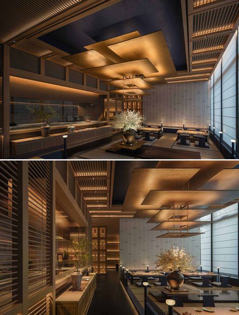 A modern Japanese-inspired restaurant uses wood and lighting to create a warm and inviting atmosphere Wood Ceiling Restaurant, Japanese Lighting Design, Japanese Ceiling Design, Beautiful Ceiling Designs, Japan Restaurant, Japanese Restaurant Interior, Restaurant Ceiling, Outdoor Ceiling Light, Japanese Restaurant Design