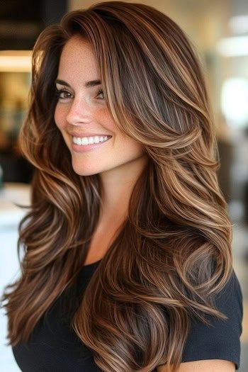 Save this pin for the best brunette hair colors for fall. These thick waves blend rich chocolate brown with warm caramel highlights for a stunning fall look. The dimensional shade adds striking depth to long, flowing locks. Brown Shades Color Hair, Caramel Highlights With Dark Brown Hair, Brown With Gold Highlights, Medium Brown Hair With Golden Highlights, Brunette Hair Color With Highlights Caramel, Dark Hair Honey Highlights, Long Brown Hair With Highlights Balayage, Twilight Hair Color, Brunette With Lowlights And Highlights