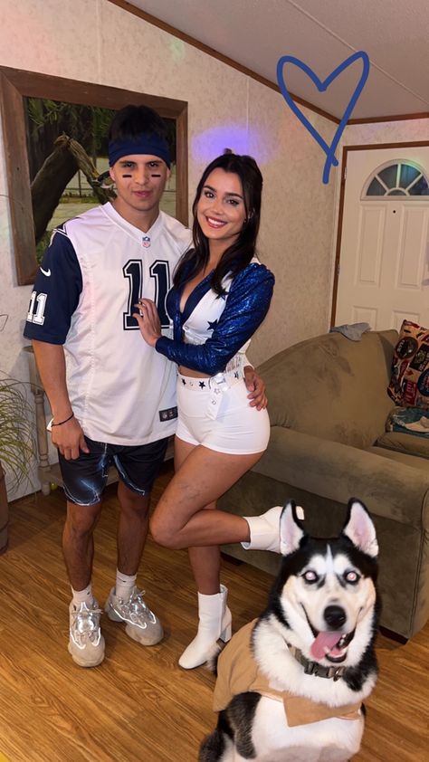 Couple’s Halloween costume. Cowboys cheer leader Halloween costume Couple Halloween Costumes Dallas Cowboys, Dallas Cowboys Couples Costume, Police Officer Costume Couple, Dallas Cowboy Cheerleader Couple Costume, Dallas Cowboy Couple Costume, Sadie’s Couple Costumes, Football Couple Halloween Costumes, Football And Cheerleader Couples Costume, Halloweekend Costumes Couples