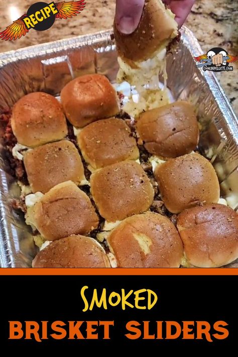 Shows one slider being removed from a tray filled with smoked brisket sliders. Smoked Brisket Sliders, Brisket Sliders Recipes, Smoked Sliders, Grilled Steak Seasoning, Grilling Appetizers, Smoker Meat Recipes, Barbecue Sliders, Brisket Sliders, Smoked Prime Rib Roast