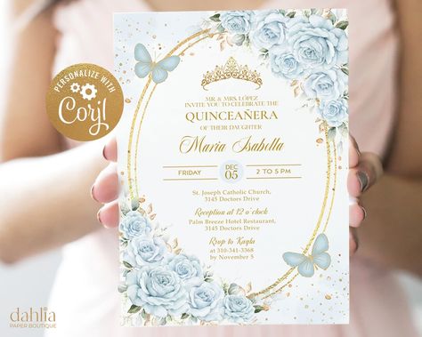 Baby Blue and Gold Quinceañera Invitation, EDITABLE Pastel Butterfly and Rose Party Invite, Mis Quince Anos, Floral 15th Birthday Girl, Q033 ⭐ DEMO - try before you buy ➥ Try it right now! Just copy and paste this demo link into your web browser (CORJL works best in PC or Mac) Pink And Purple Quince, Purple Quince Invitations, Invitations Quinceanera, Quinceanera Pink, Quinceañera Invitation, Purple Blush, Pastel Butterflies, Birthday Party Invite, Rose Party