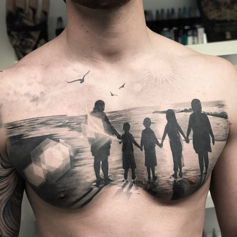 Family Beach Tattoo Tattoo Ideas For Family, Zee Tattoo, Family Tattoos For Men, Tattooed Men, Father Tattoos, Family Tattoo Designs, Man Tattoo, Cool Chest Tattoos, Chest Tattoos