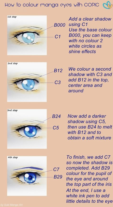 Tutorial, How to colour manga eyes with Copic, by Suki Manga Art Color Anime Eyes, Coloring Eyes, Marker Tutorial, Copic Techniques, Colour Eyes, Sketch Eyes, Copic Tutorials, Color Anime, Copic Colors