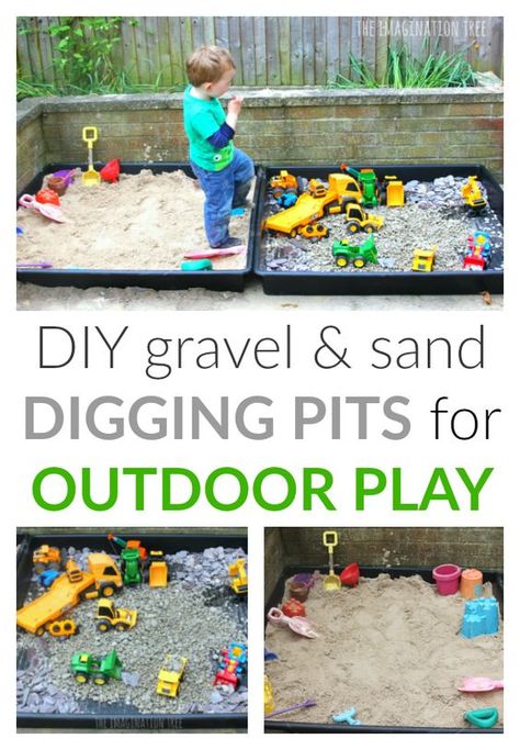 Make some outdoor sensory play areas for toddlers and preschoolers with these two simple ideas; a DIY sand box and a gravel pit construction site! Outdoor Sensory Play, Sand Boxes, Outdoor Kids Play Area, Gravel Pit, Outdoor Play Space, Imagination Tree, Outdoor Play Spaces, Play Area Backyard, Outdoor Play Areas