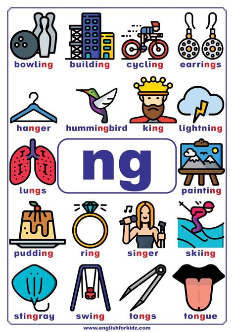 List of ng words Tion And Sion Words, Au Words Phonics, Ey Sound Words, Oo Sounds Words, Words With Ee Sound, Ng Words, Phonics Reading Activities, Words To Learn, Activity Based Learning