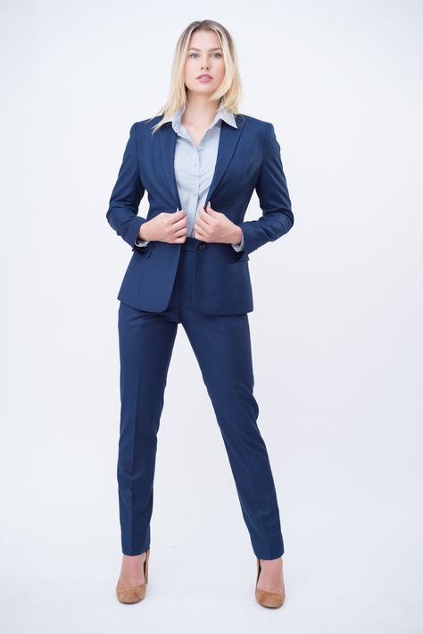 Womenswear, Blue Custom Suit, Cigarette Fit Pants Dark Blue Suit For Women, Female Lawyer Aesthetic, Suit Without Tie, Dressing Outfits, Lawyer Aesthetic, Female Lawyer, Lawyer Outfits, Professional Wardrobe Essentials, Office Attire Women