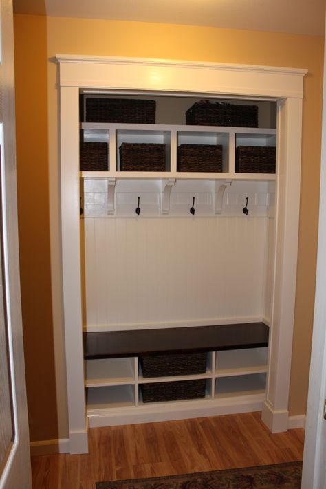 LOVE the storage! Coat Closet Ideas, Closet Conversion, Front Hall Closet, Mudroom Closet, Front Closet, Closet Redo, Entry Closet, Entryway Closet, Entryway Design