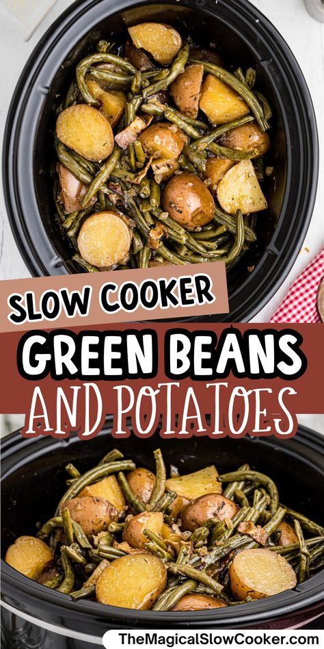 Hearty yet light and delicious is the perfect description for this slow cooker green beans and potatoes dish. Perfectly tender vegetables and made with PLENTY of butter. - The Magical Slow Cooker Country Green Beans And Potatoes, Crockpot Green Bean Recipes, Canned Green Beans In Crockpot, Green Beans And Potatoes Stove Top, Beans And Potatoes Recipe, Southern Green Bean Recipes, Country Green Beans, Ranch Green Beans, Crockpot Vegetable