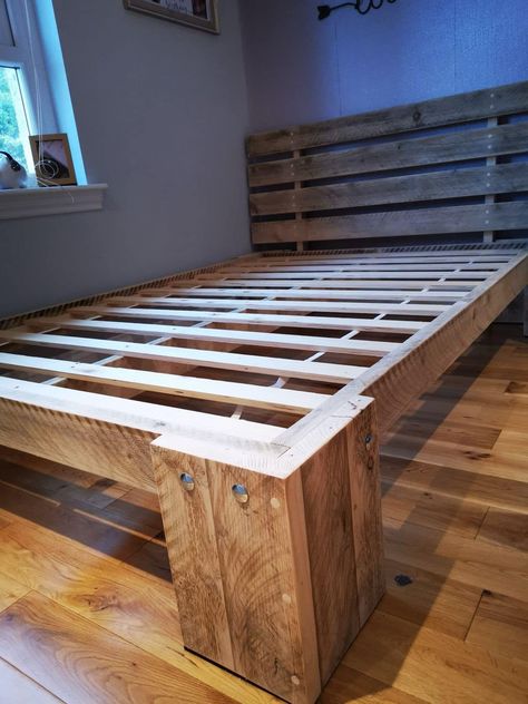 Bedroom Design Long Room, Wooden Bed Frame Diy, Pine Furniture Makeover, Bed Frame Diy, Tall Platform Bed, Lindal Homes, Diy King Bed Frame, Wood Bed Frame Diy, California King Bed Frame